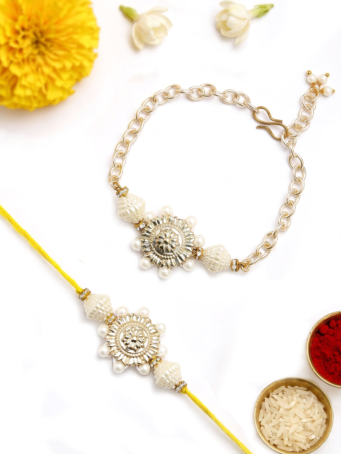 KARATCART Gold Plated Floral Design Pearl Handmade Kundan Bhaiya Bhabhi Rakhi with Roli and Chawal