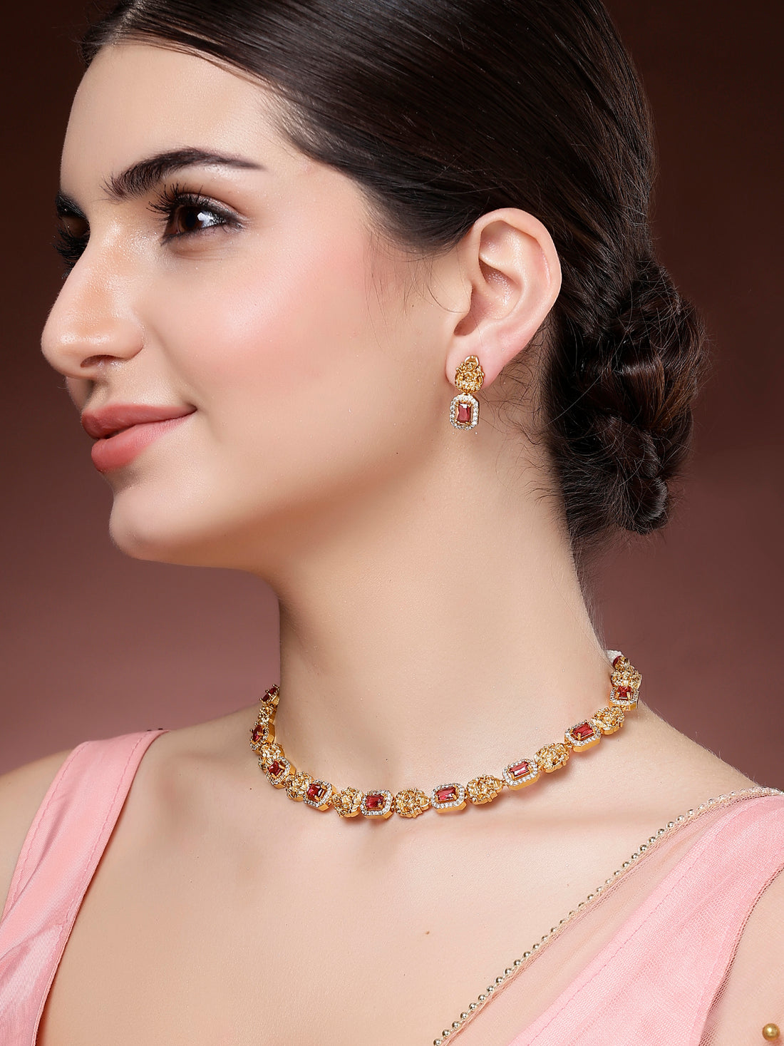 Karatcart Traditional Gold Plated Ruby Stone Laxmi Mata Temple Jewellery Set for Women