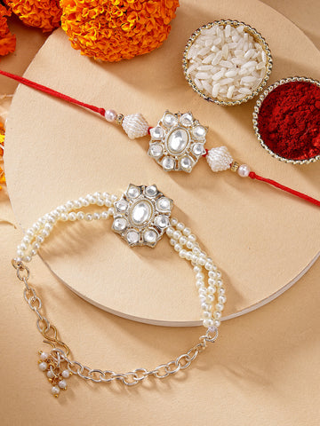 KARATCART Pearl Beaded Floral Design Handmade Kundan Bhaiya Bhabhi Rakhi with Roli & Chawal