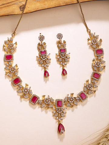 KARATCART Designer Gold-Plated Red American Diamond Floral Jewellery Set for Women