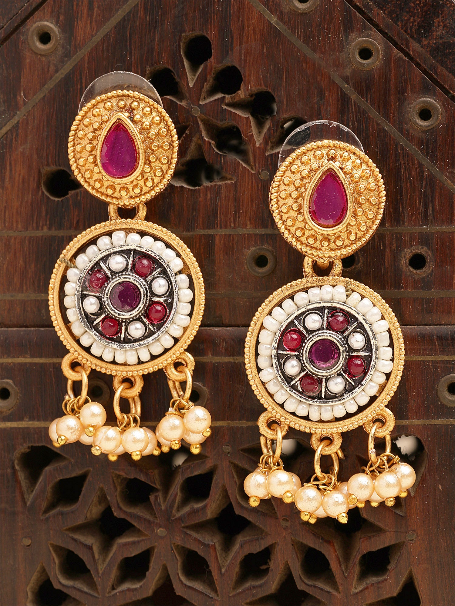 Karatcart Antique Gold Plated Circular Earrings with Red Stone, Pearl, and Kundan Detailing for Women