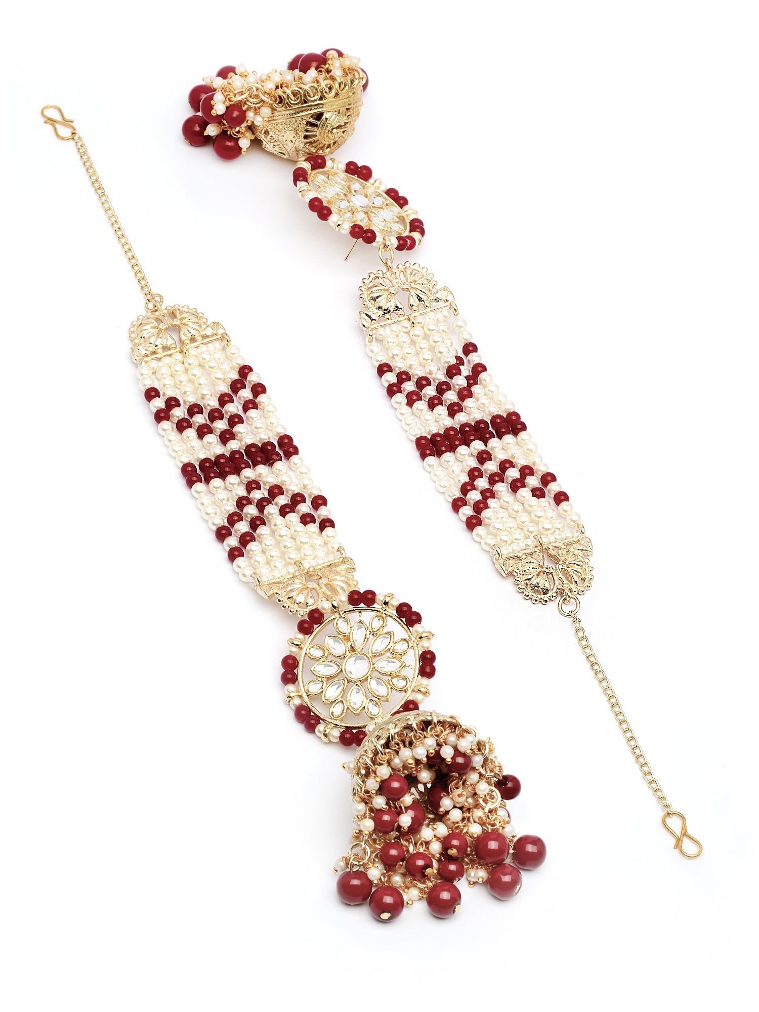 Karatcart Traditional Gold Plated Floral Red Beaded Kundan Jhumki Earrings with Pearl Kaanchain - view 5