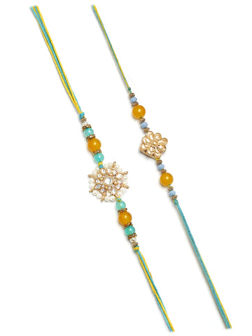 Karatcart Set of 4 Floral Kundan Rakhi for Brother with Roli & Chawal