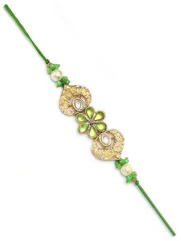 Karatcart Gold Plated Lime Green Crystal Floral Kundan Bhiya Rakhi with Roli & Chawal