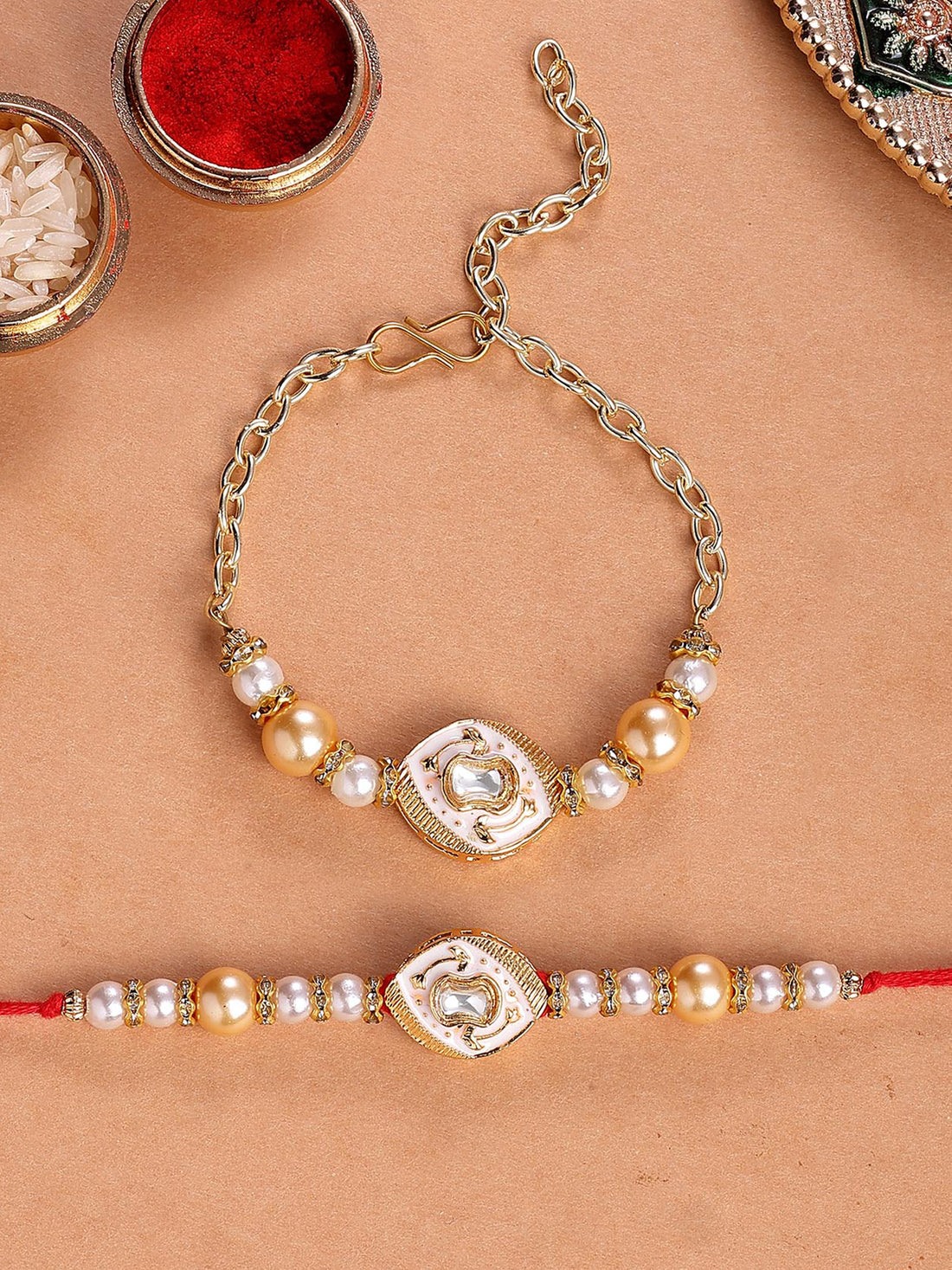Karatcart Golden Beads and Pearl Meenakari Kundan Bhiya Bhabhi Rakhi with Roli & Chawal
