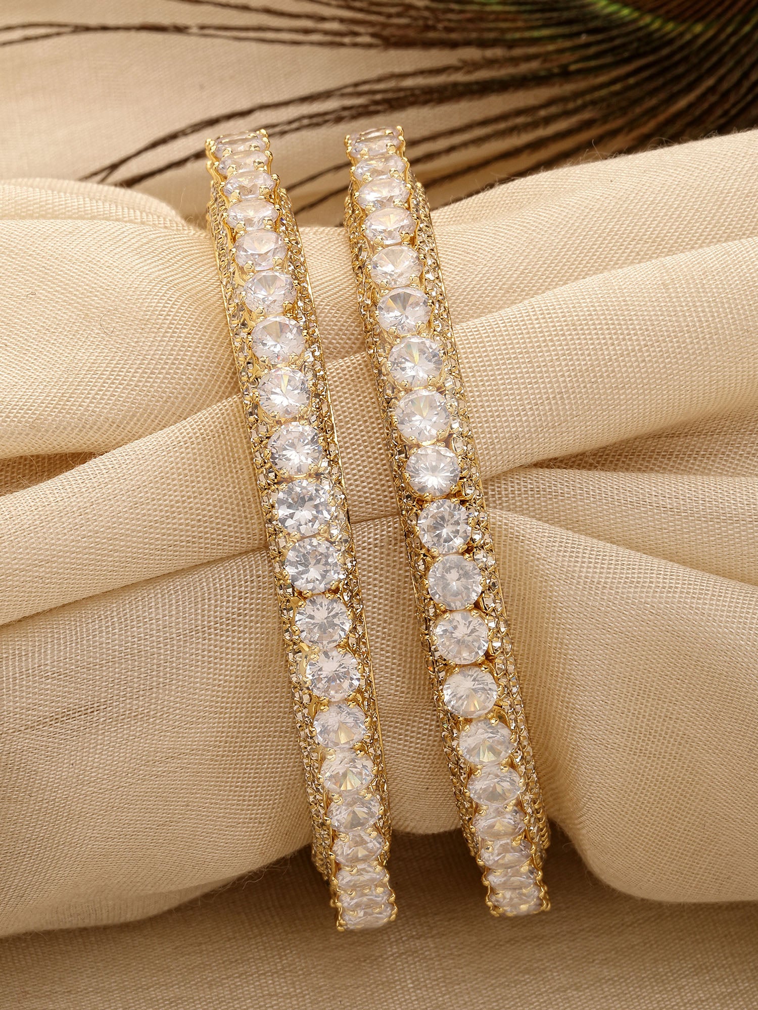 Karatcart Set of 2 Gold Plated Round American Diamond Studded Bangles for Women