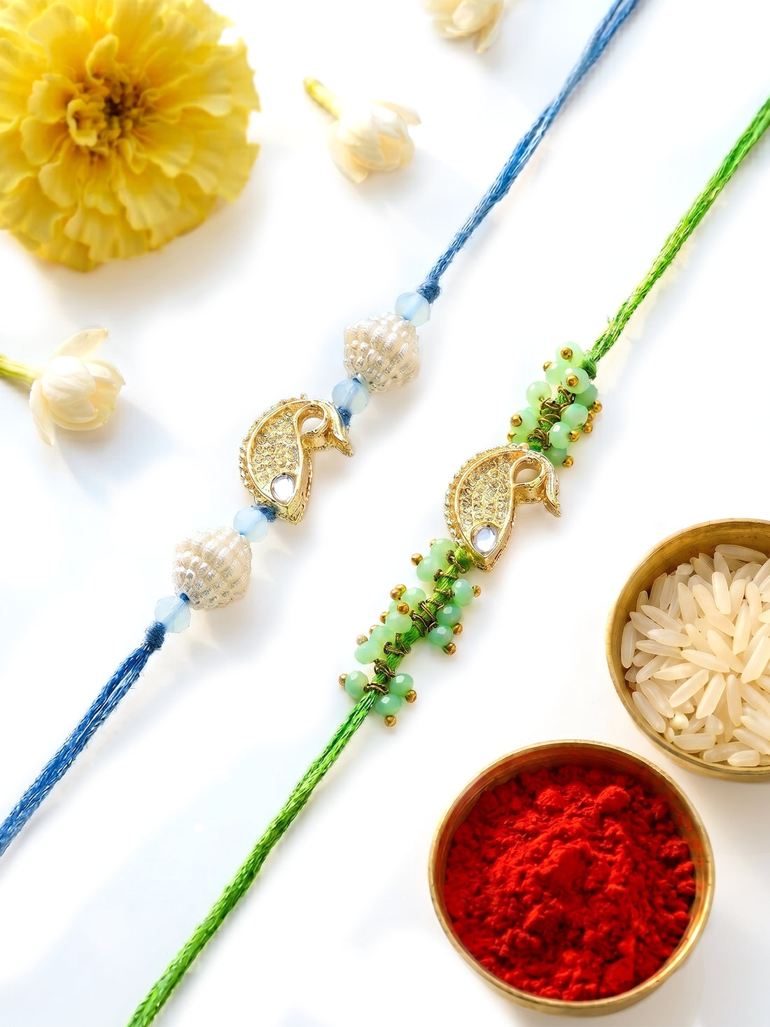 KARATCART Set of 2 Blue and Light Green Fish Handmade Kundan Rakhi for Brother with Roli & Chawal
