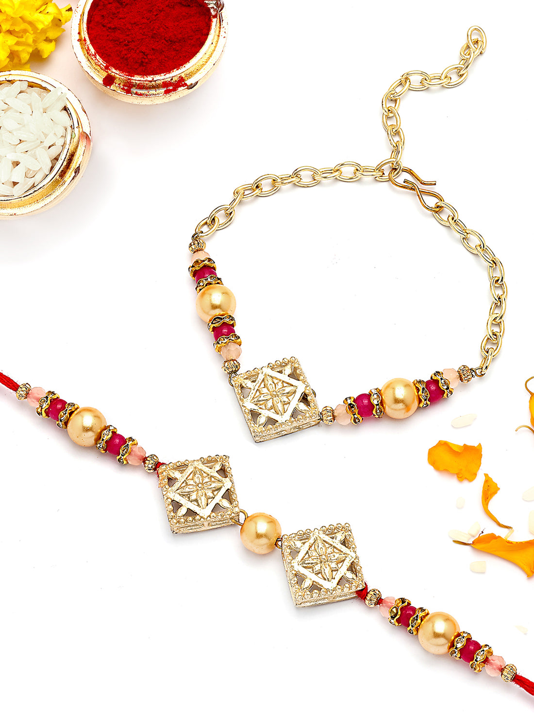 KARATCART Gold Plated Pink and Golden Beads Kundan Bhaiya Bhabhi Rakhi with Roli & Chawal