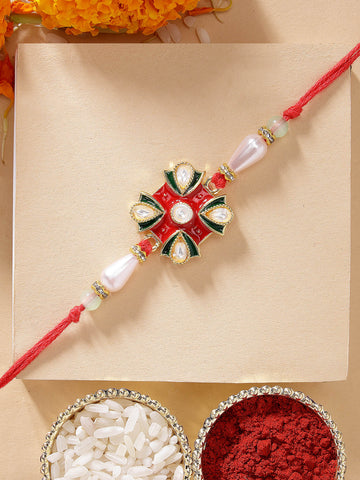 KARATCART Elegant Floral Design Red and Green Meena Handmade Rakhi for Brother with Roli Chawal