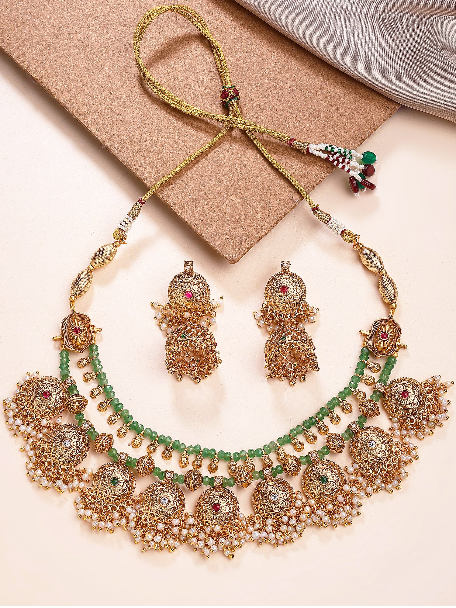 KARATCART Traditional Gold Plated Green Crystal Multilayer Temple Jewellery Set for Women