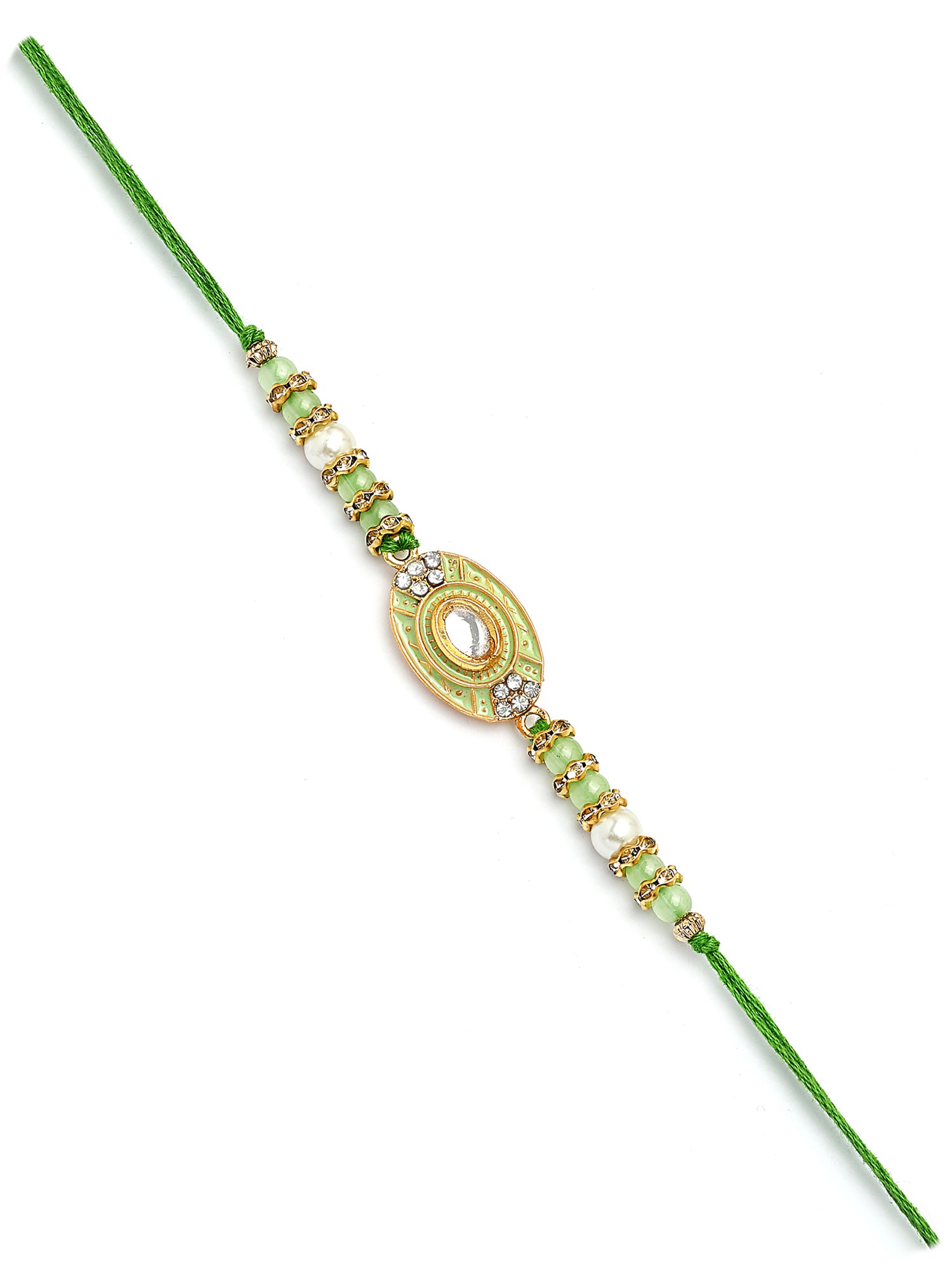 Karatcart Gold Plated Lime Green Enamel Kundan Bhiya Bhabhi Rakhi with Roli & Chawal