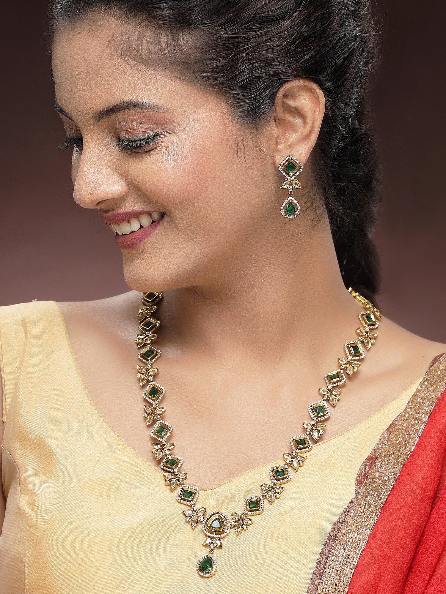 KARATCART Traditional Gold-Plated Green American Diamond Rani Haar Jewellery Set for Women - view 3