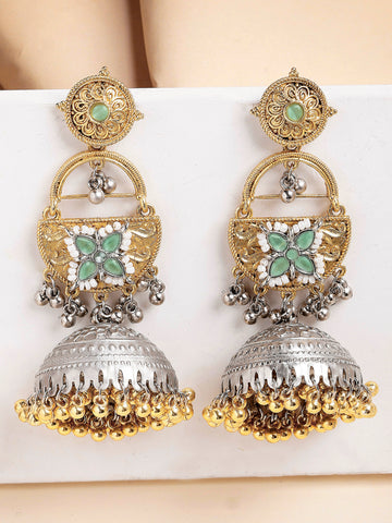 Karatcart Designer Oxidized Silver and Gold Plated Green Floral Motif Dual-Tone Jhumka Earrings