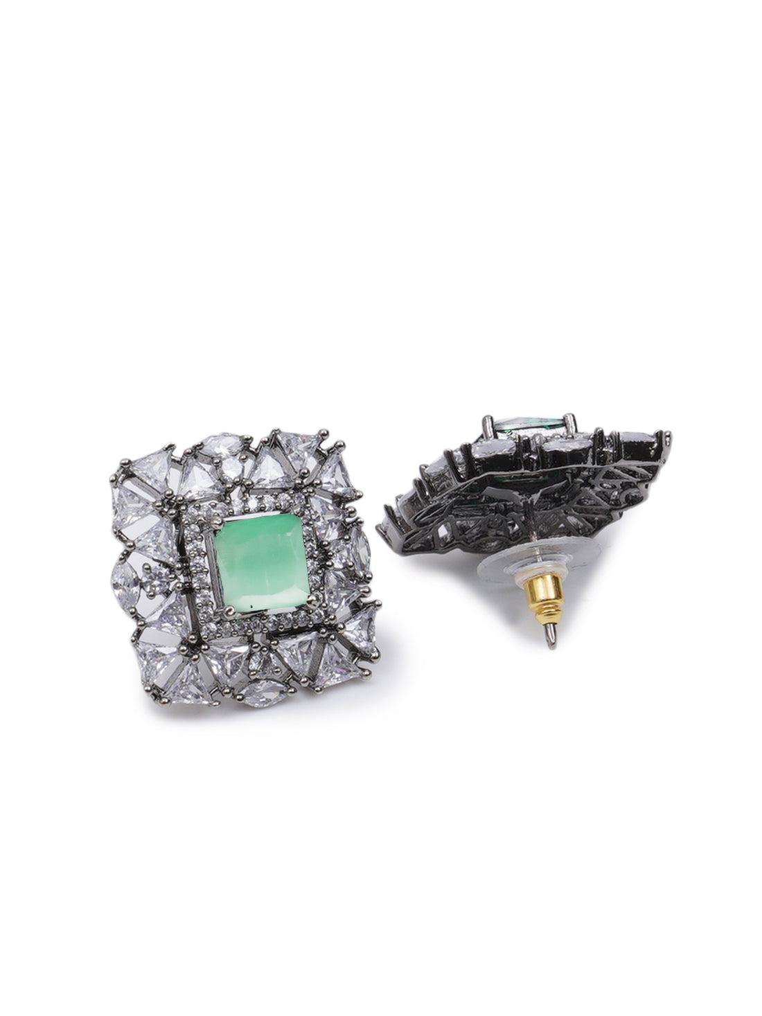 Karatcart Black Silver Plated Lime Green American Diamond Stud Earring for Women