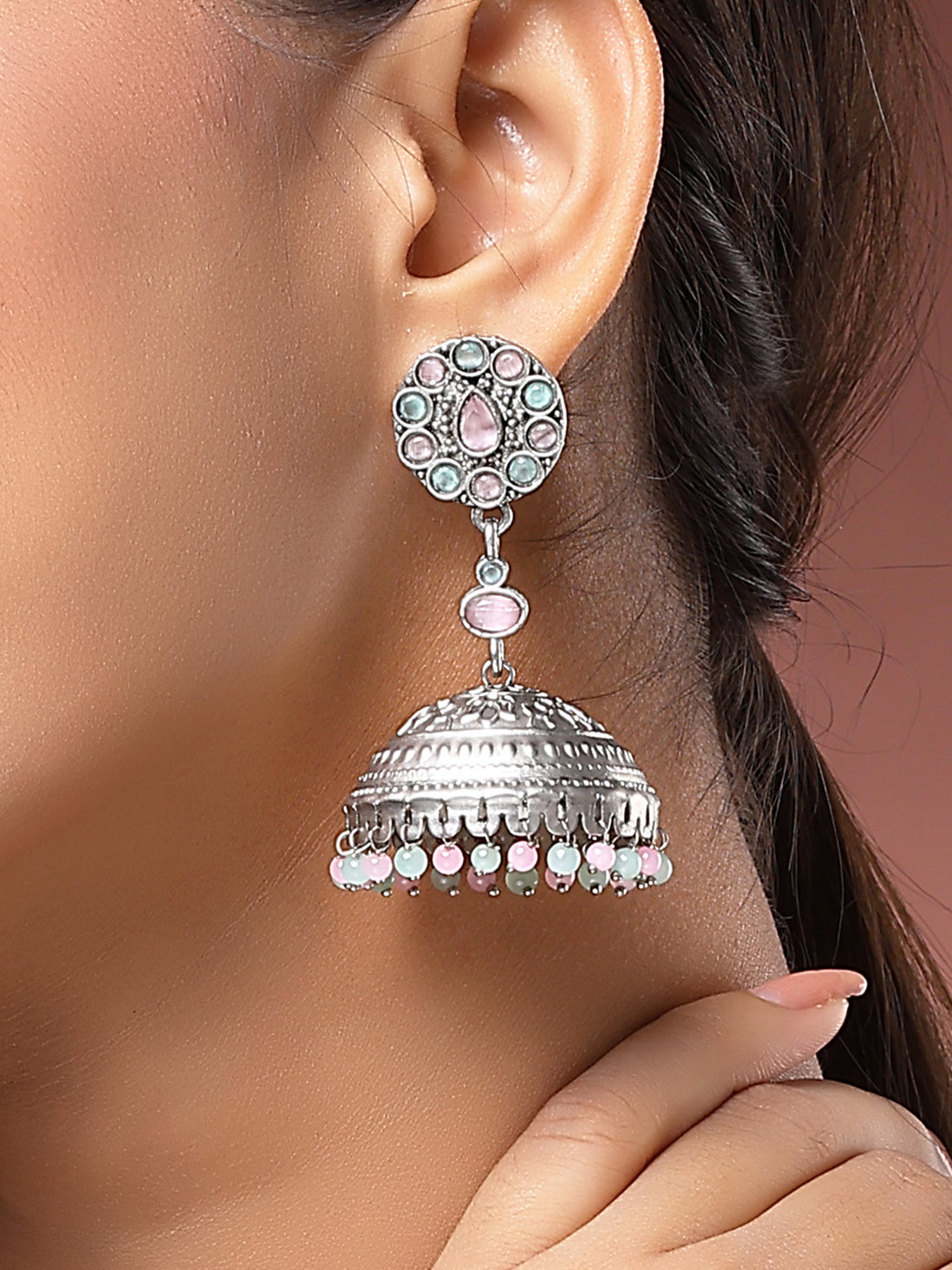 Karatcart Antique Silver Plated Floral Tribal Jhumki Earrings for Women