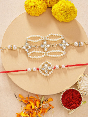 KARATCART Gold Plated Diamond Floral Design Handmade Kundan Bhaiya Bhabhi Rakhi with Roli & Chawal