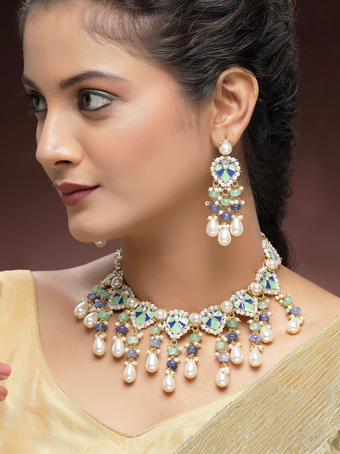KARATCART Royal Look Gold-Plated Blue and Lime Green Meena Choker Necklace Set for Women