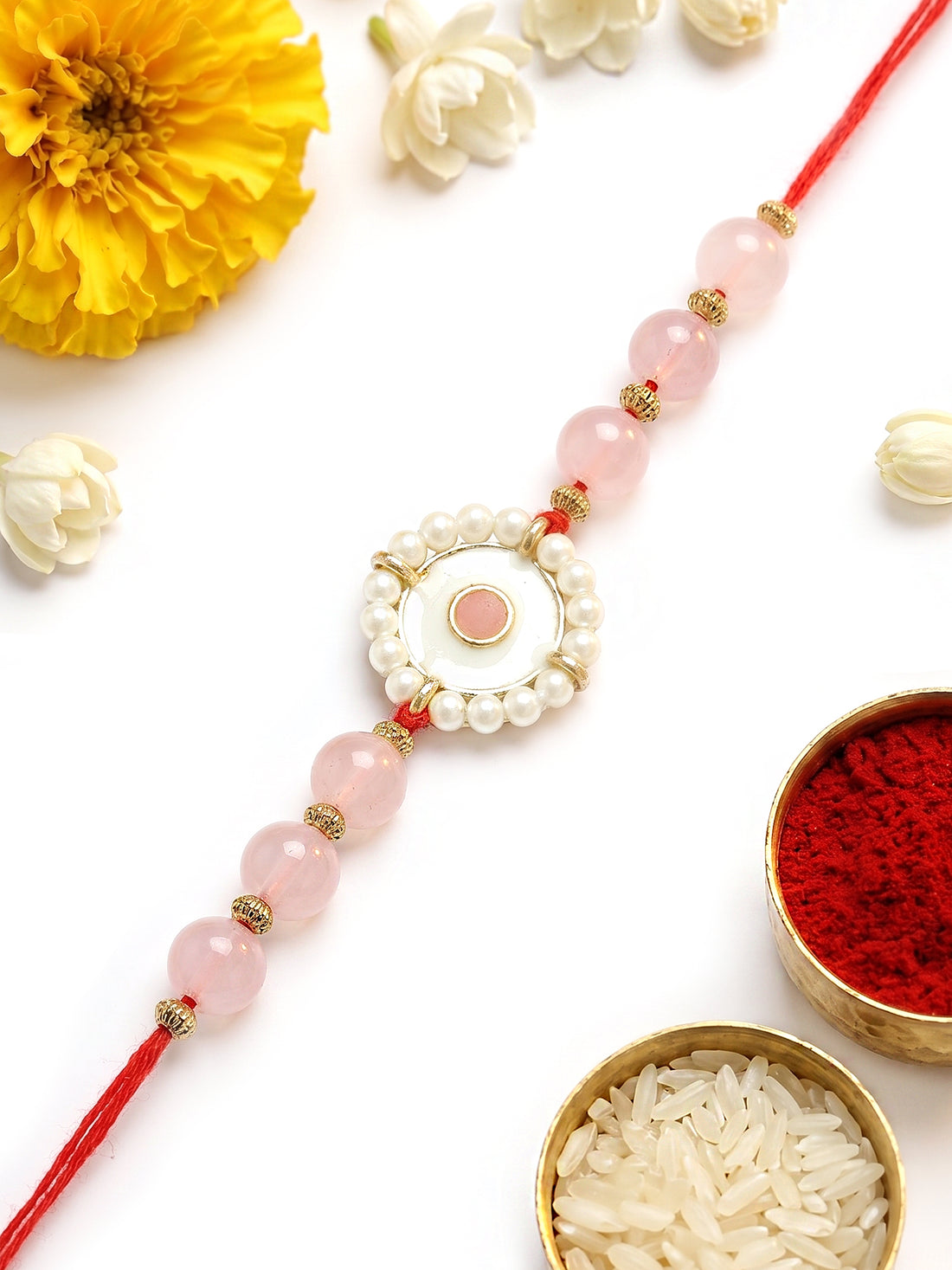 KARATCART Stylish Pink Beads Handmade Meenakari Kundan Rakhi for Brother with Roli & Chawal