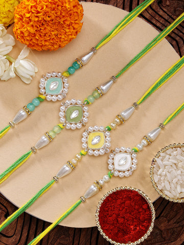 KARATCART Set of 4 Handmade Multicolor Meenakari Evil Eye Kundan Rakhis for Brother with Roli and Chawal