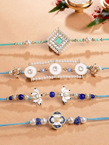 KARATCART Set of 4 Blue and White Enamel Floral Design Kundan Rakhi for Brother with Roli & Chawal