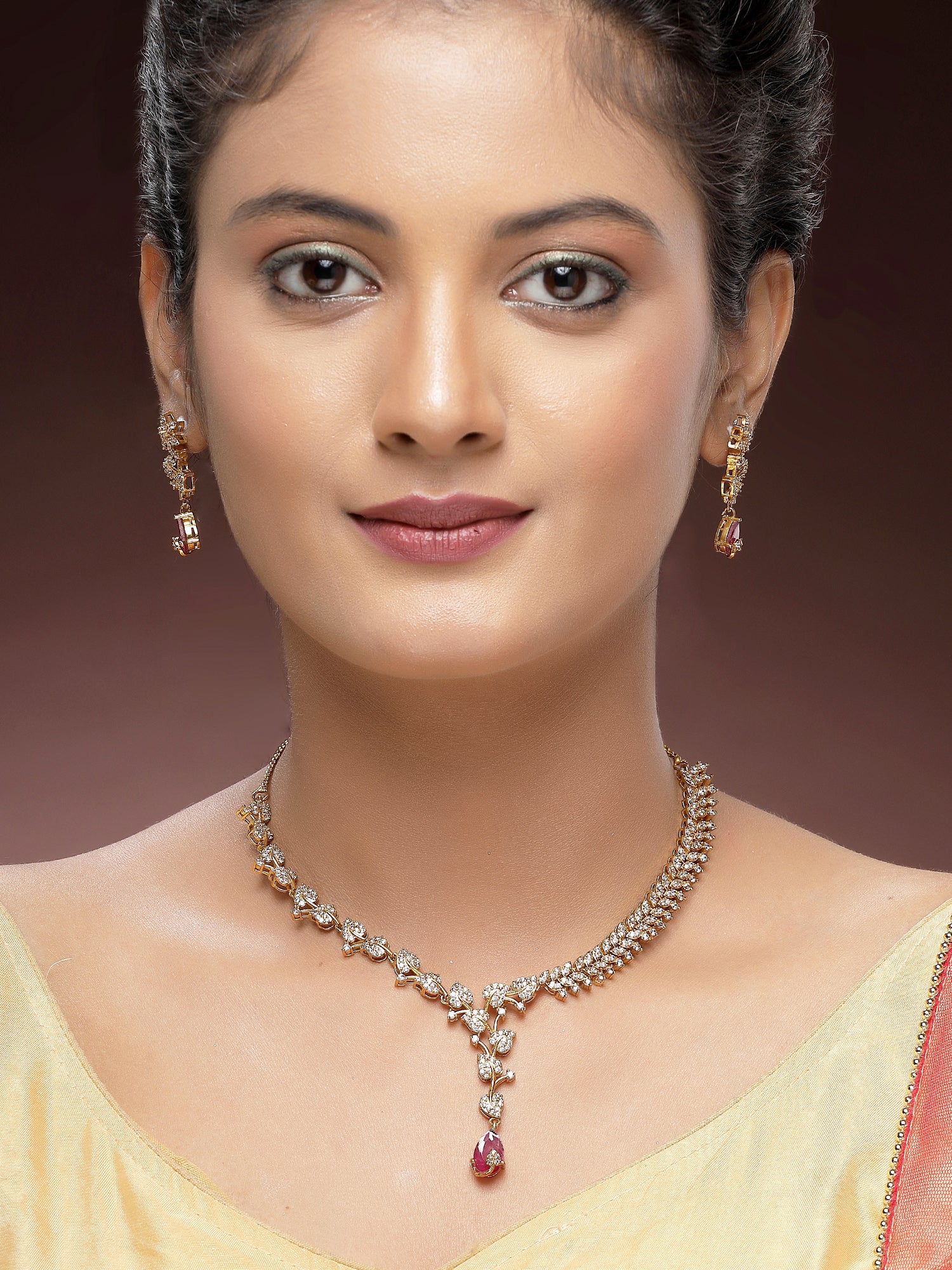 KARATCART Designer Gold-Plated Leaf Design Red Stone American Diamond