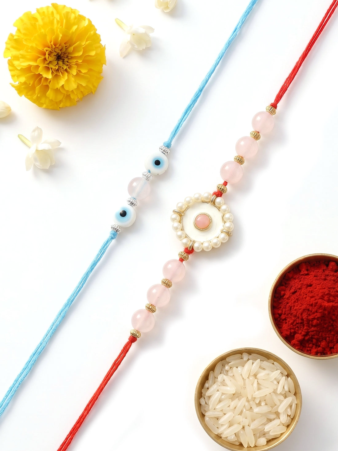 KARATCART Set of 2 Pink Beads Evil Eye Handmade Kundan Rakhi for Brother with Roli & Chawal