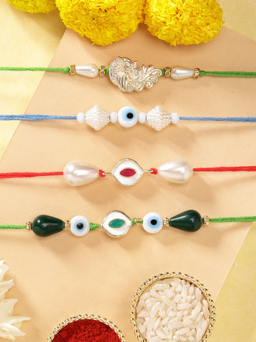 KARATCART Set of 4 Handmade Meenakari Evil Eye Kundan Rakhis for Brother with Roli & Chawal