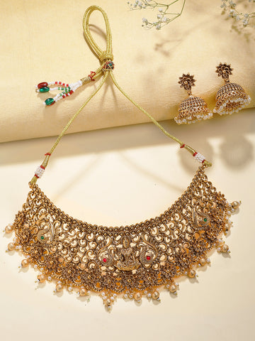 Karatcart Classic Laxmi Mata and Peacock Design Choker Temple Jewellery Set for Women