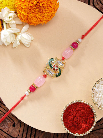 KARATCART Stylish Swastika Design Green Meena and Kundan Handmade Rakhi for Brother with Roli Chawal