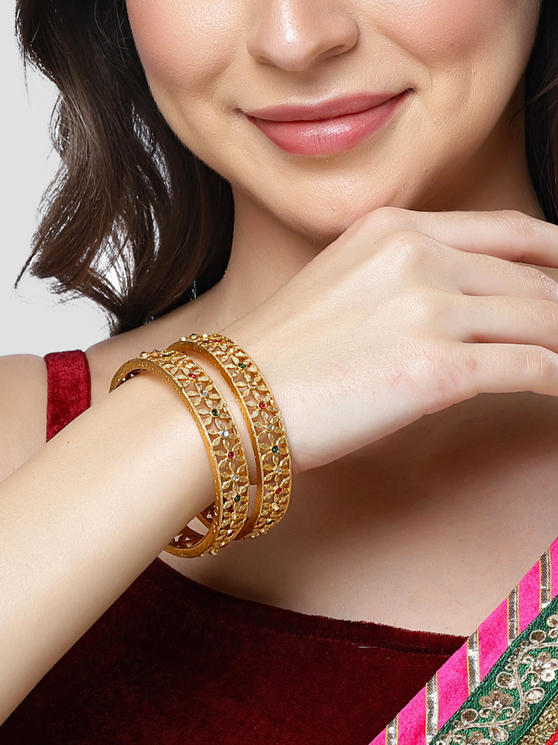 Karatcart Gold Plated Floral Design Multicolor Stone Studded Bangles for Women