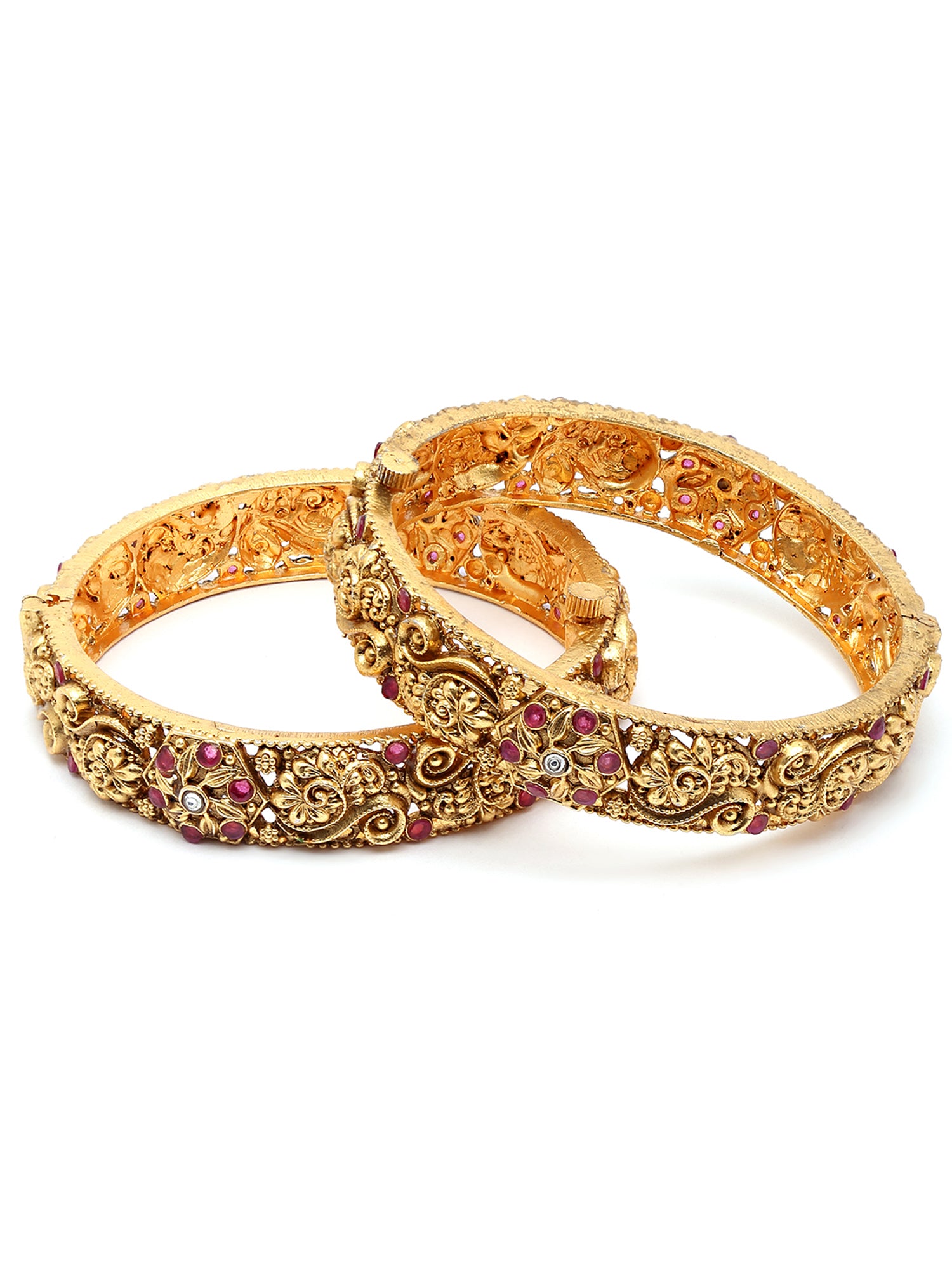 Karatcart Set of 2 Antique Gold Plated Red Stone Studded Rajwadi Temple Bangles for Women - view 3