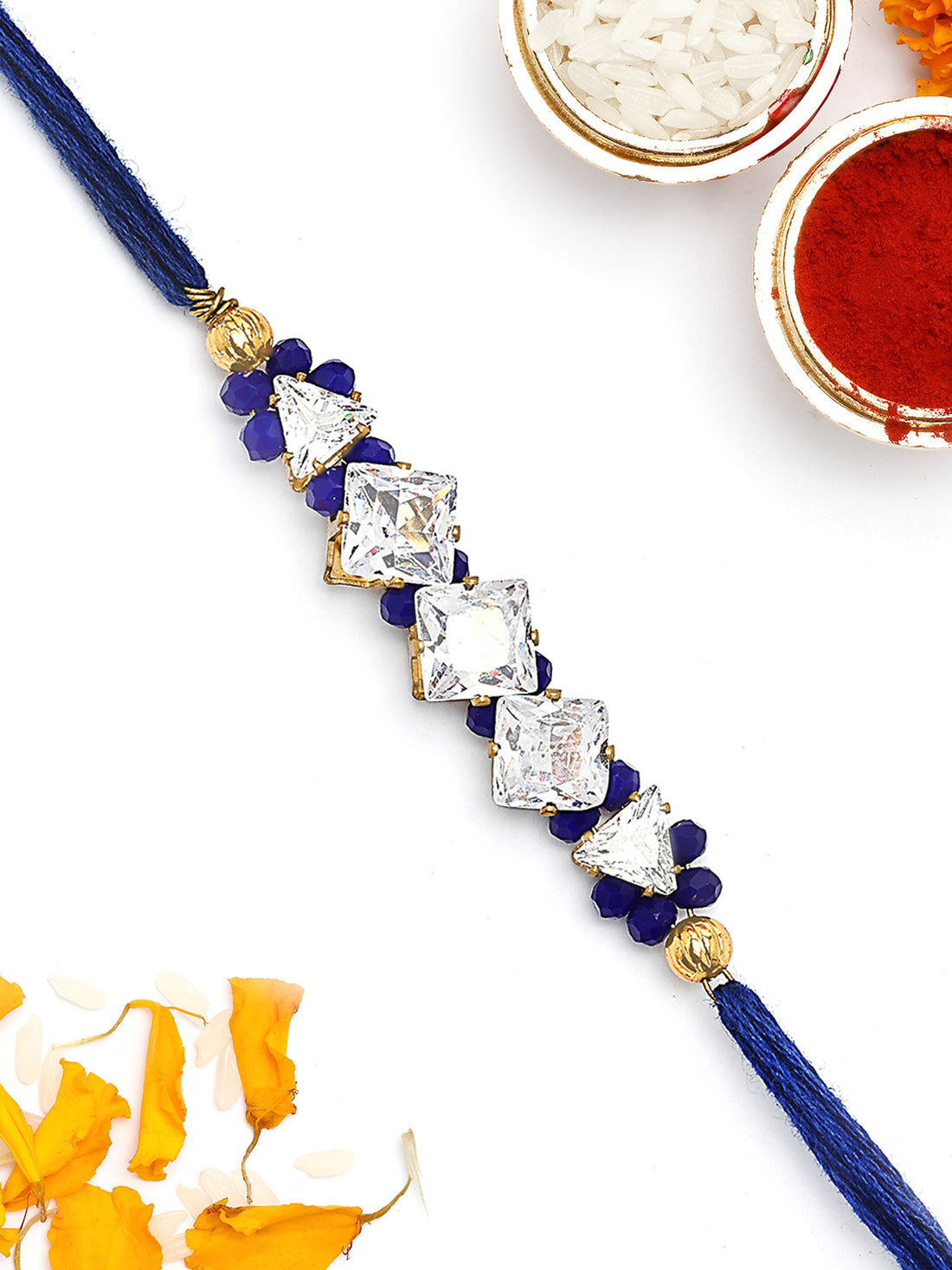 KARATCART Blue Crystal and Rhinestones Bhaiya Rakhi with Roli & Chawal