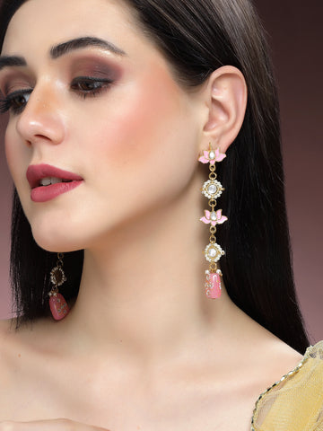 Karatcart Set of 3 Gold Plated Pink Meena Lotus Design Kundan Drop Earrings for Women