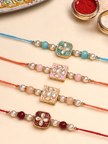 KARATCART Set of 4 Square Floral Design Enamel Kundan Rakhi for Brother with Roli & Chawal