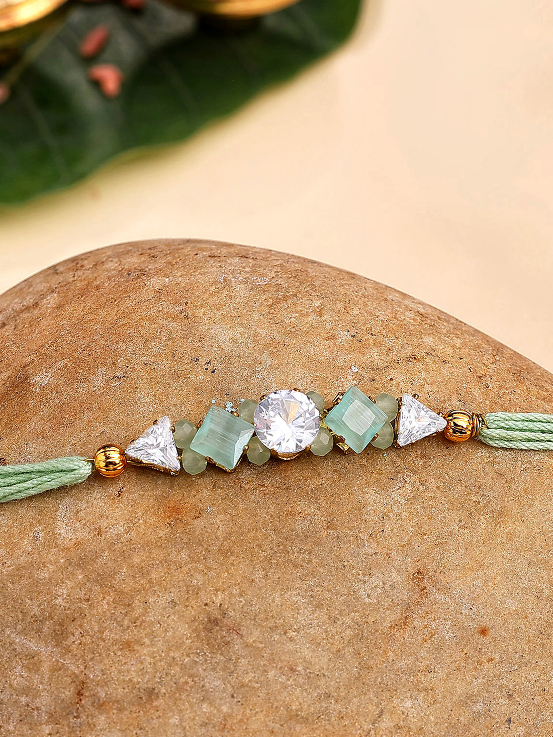 Karatcart Lime Green Rhinestones Bhiya Rakhi with Roli & Chawal