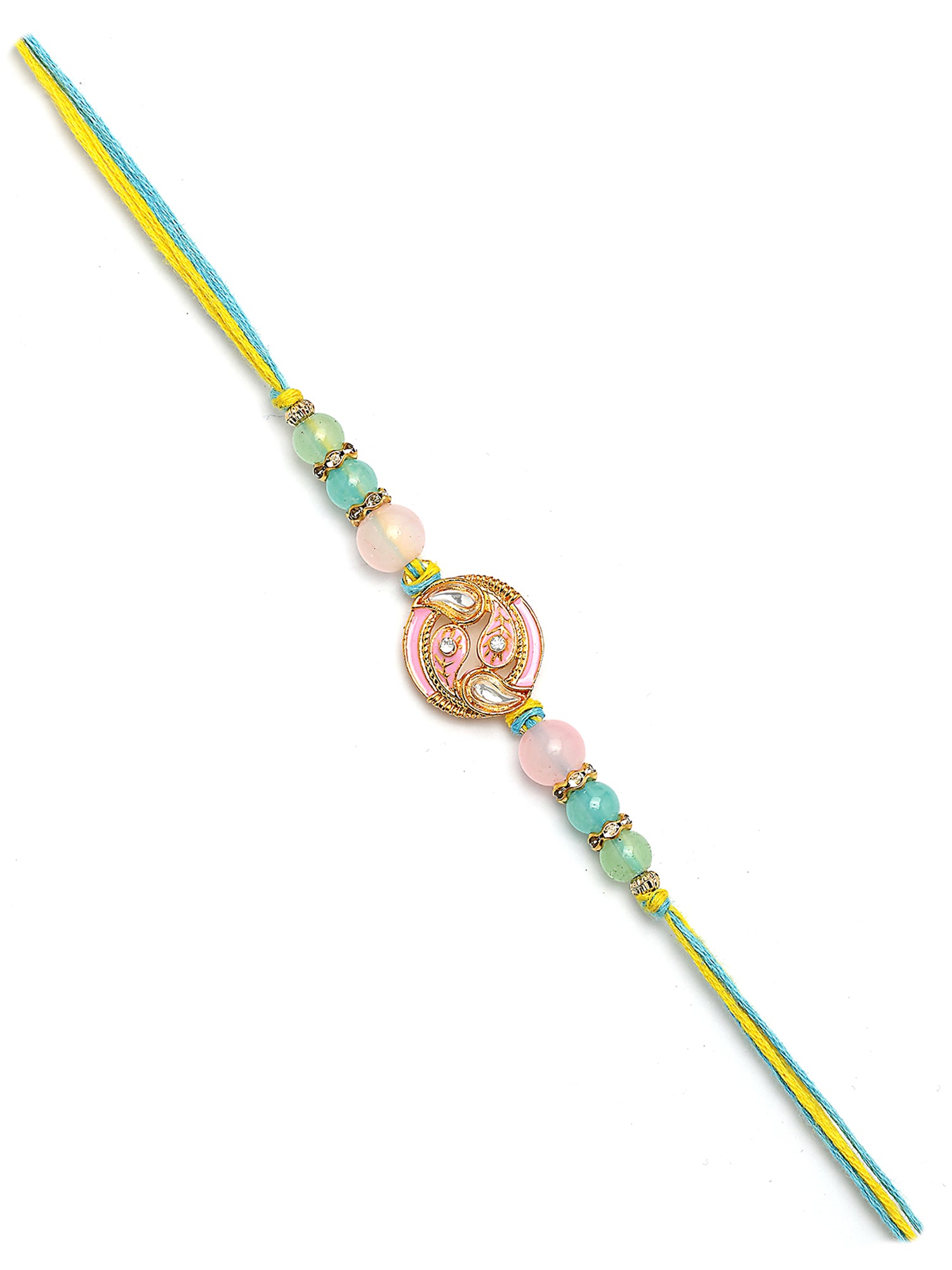 Karatcart Set of 2 Green and Pink Enamel Kundan Rakhi for Brother with Roli & Chawal