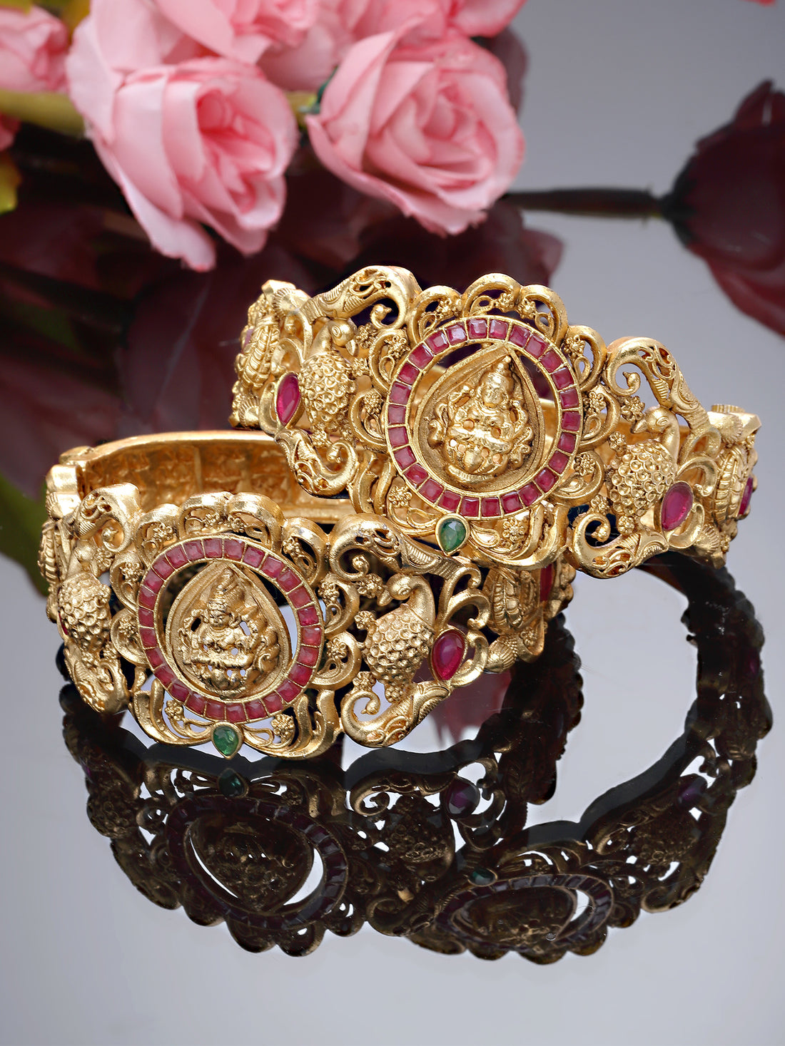 Karatcart Set of 2 Antique Gold Plated Mata Laxmi Design Rajwadi Temple Bangles for Women
