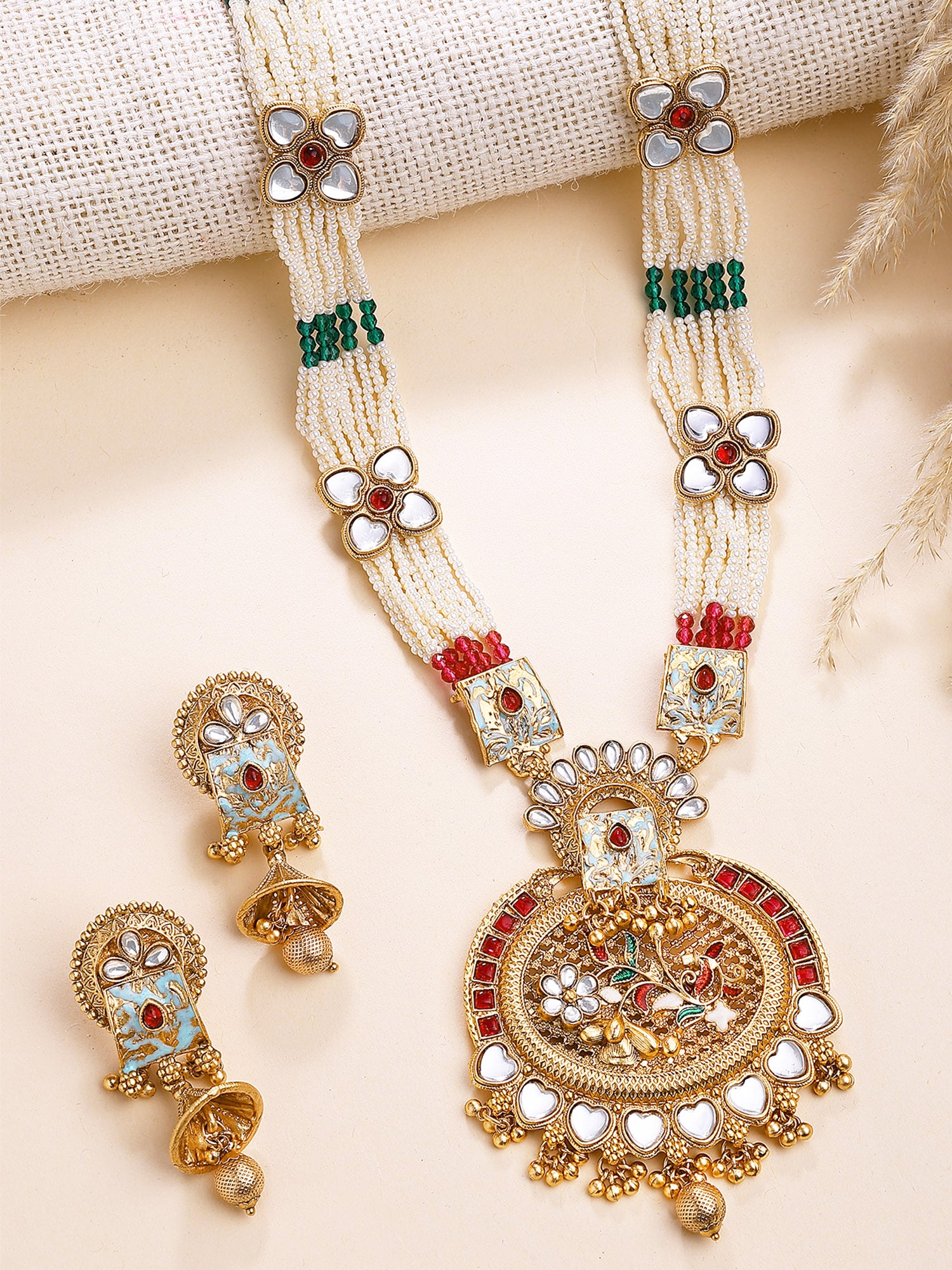 KARATCART Designer Gold-Plated Floral Enamel Rani Haar Necklace Set for Women