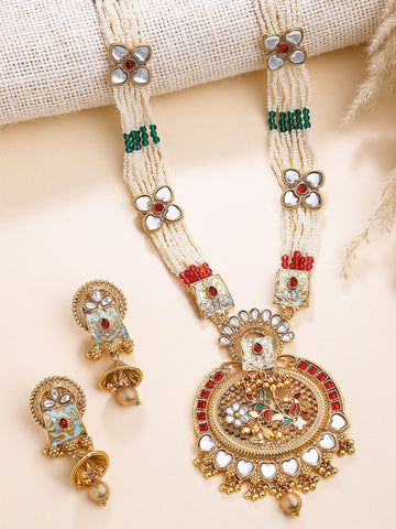 KARATCART Designer Gold-Plated Floral Enamel Rani Haar Necklace Set for Women
