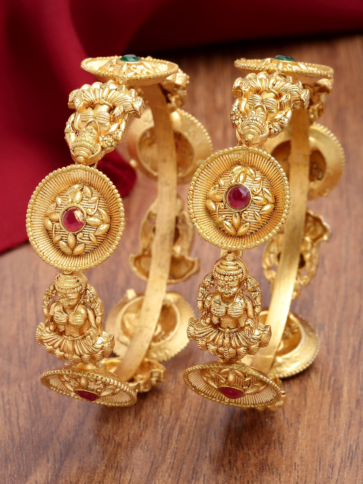 Karatcart Floral Design Gold Plated Set of 2 Laxmi Mata Temple Bangles for Women