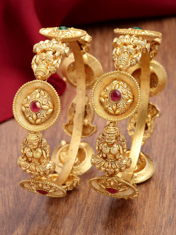 Karatcart Floral Design Gold Plated Set of 2 Laxmi Mata Temple Bangles for Women