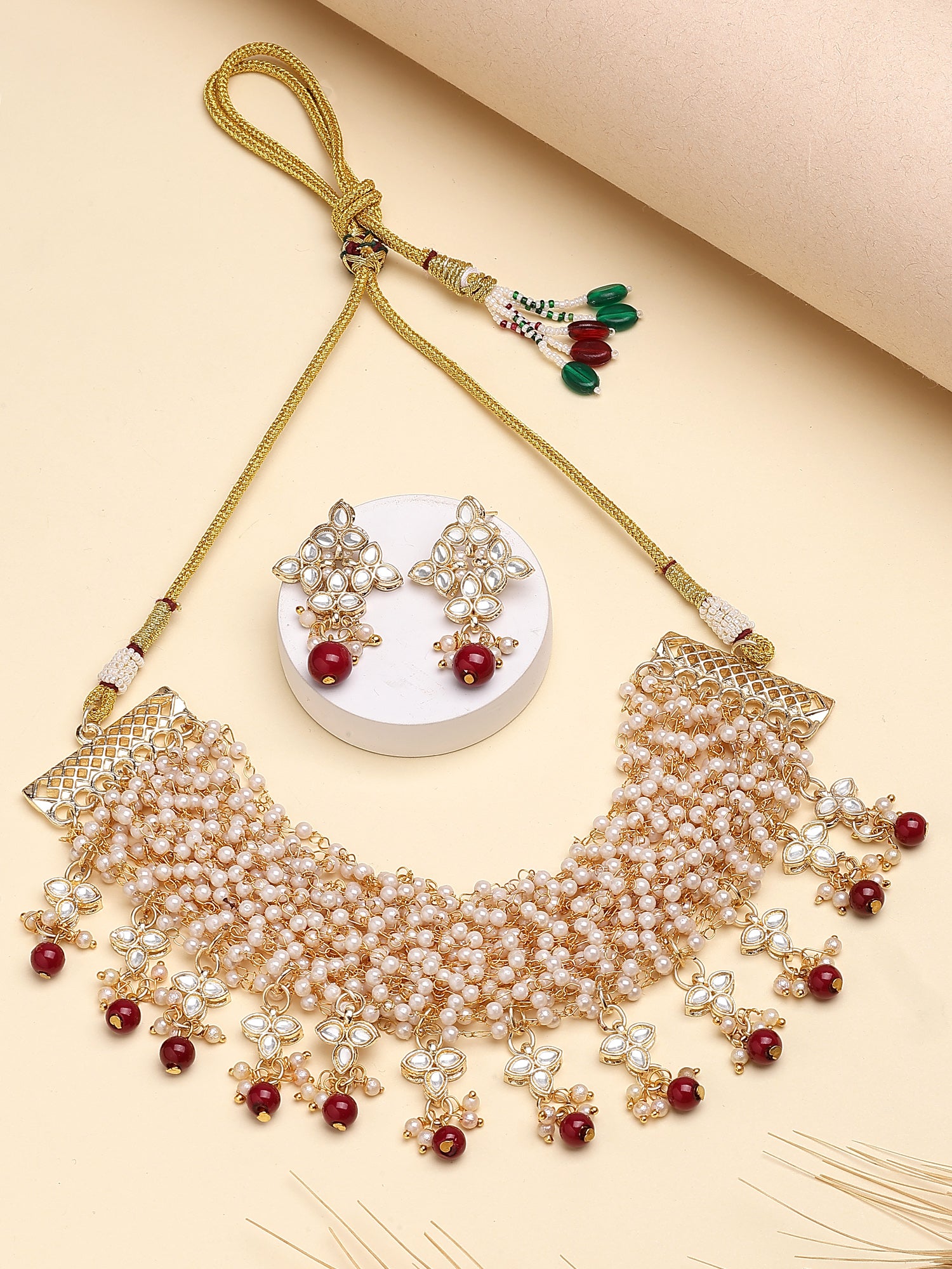 Karatcart Ethnic Pearl Chain Beaded Red Beads Kundan Choker Necklace Set for Women