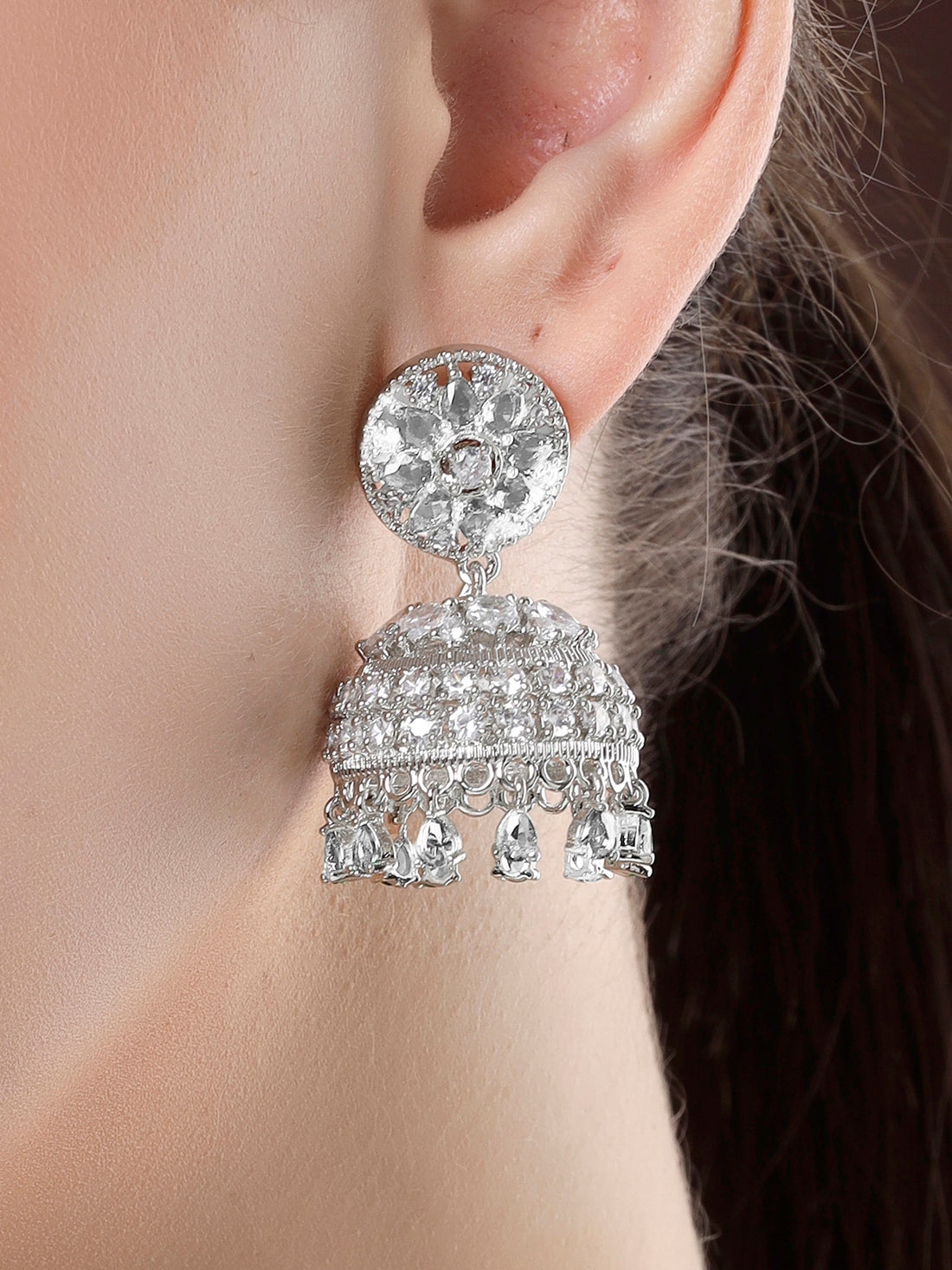 Karatcart Sparkling Silver Plated American Diamond Jhumki Earrings for Women