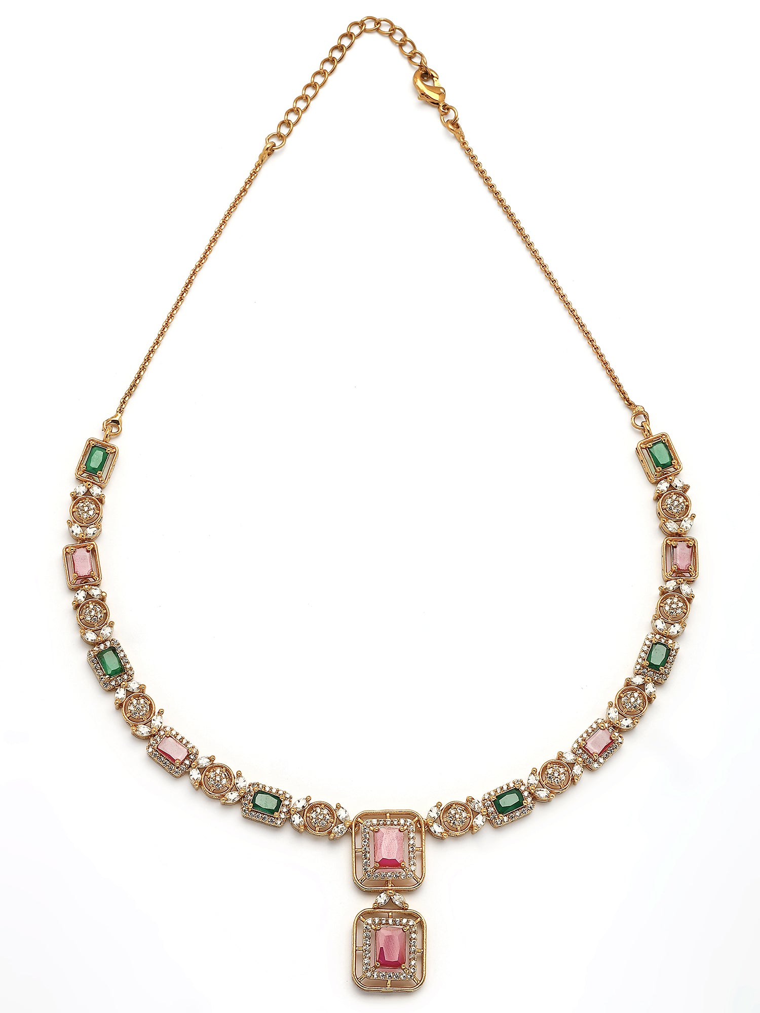 KARATCART Elegant Gold-Plated Pink and Green American Diamond Jewellery Set for Women - view 5
