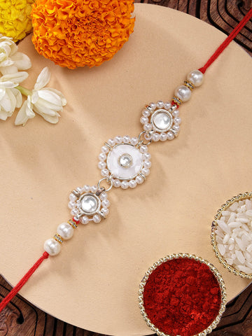 KARATCART Traditional Meenakari Pearl Kundan Rakhi for Brother with Roli & Chawal