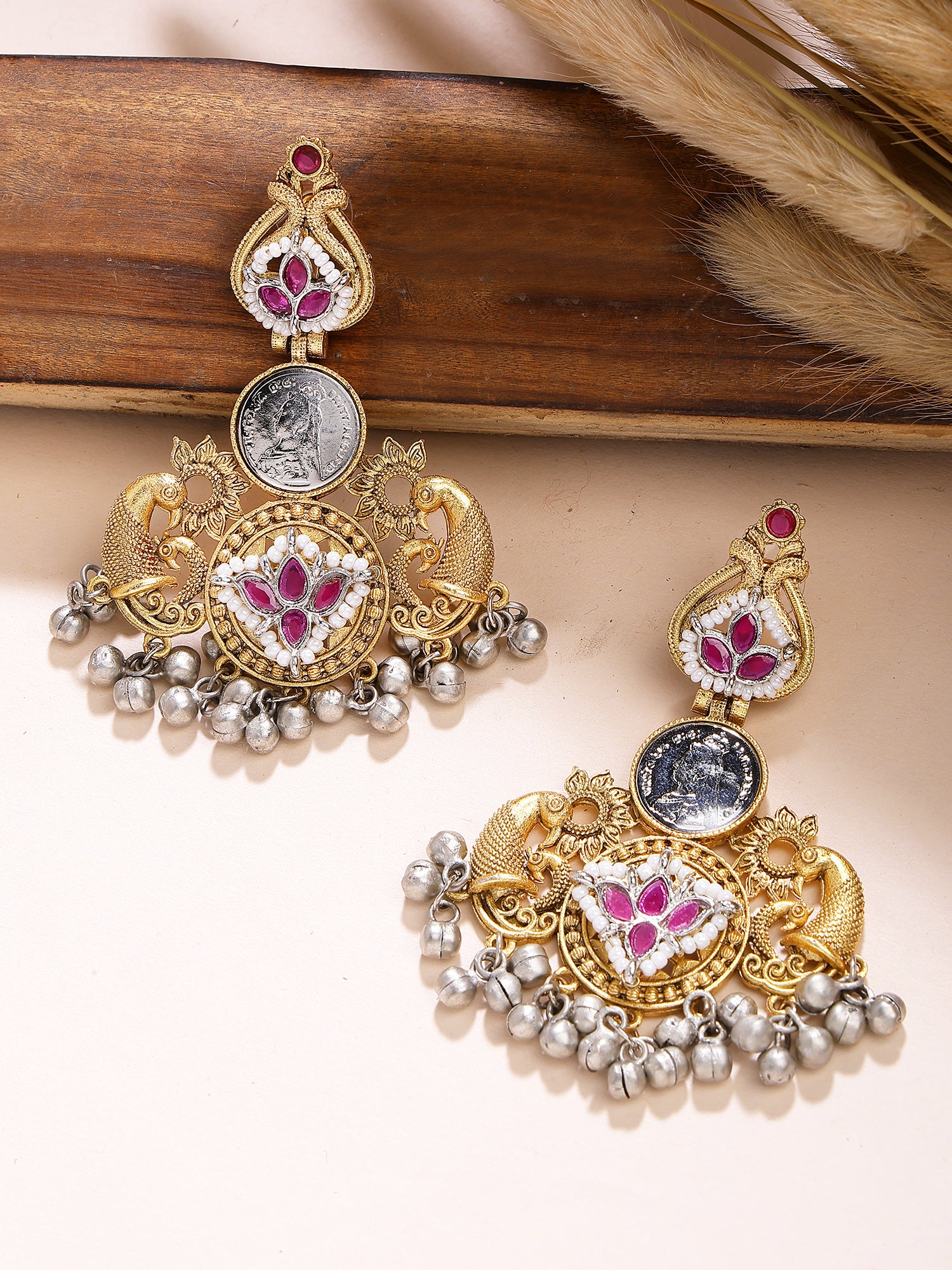 Karatcart Ethnic Gold Plated Red Stone Peacock Motif Lord Shiva Coin Embedded Dangler Earrings