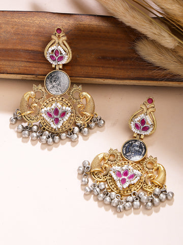 Karatcart Ethnic Gold Plated Red Stone Peacock Motif Lord Shiva Coin Embedded Dangler Earrings
