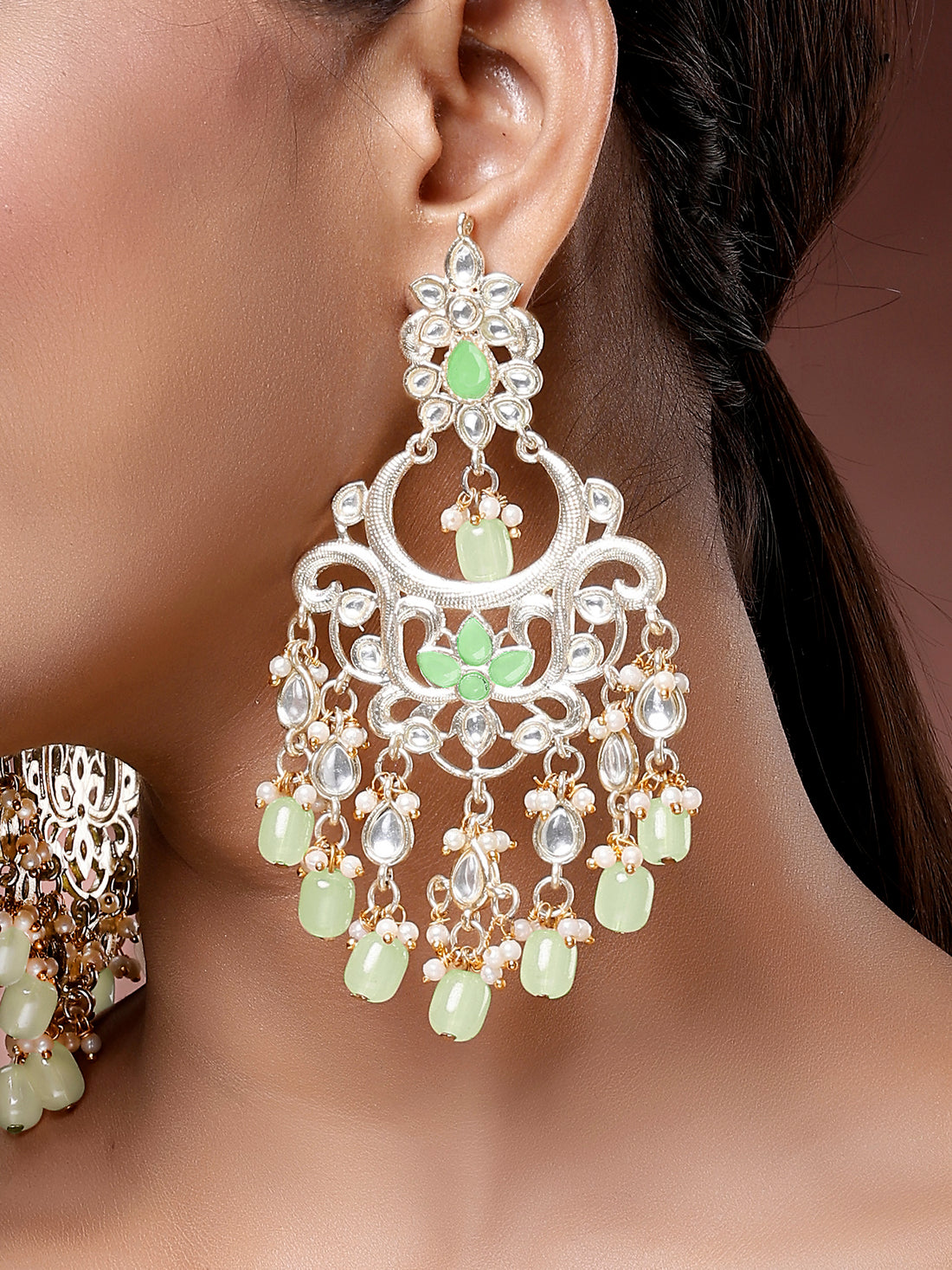 Karatcart Gold Plated Light Green Beads Kundan Dangler Earrings for Women
