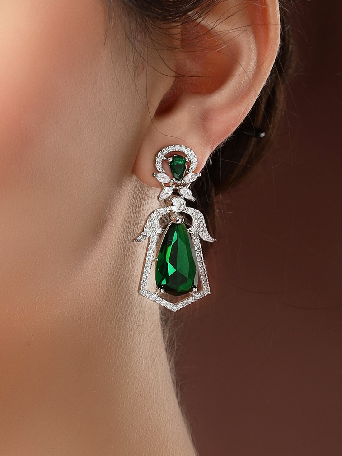 Karatcart Elegant Silver-Plated Angelic Drop Design Green American Diamond Drop Earrings for Women