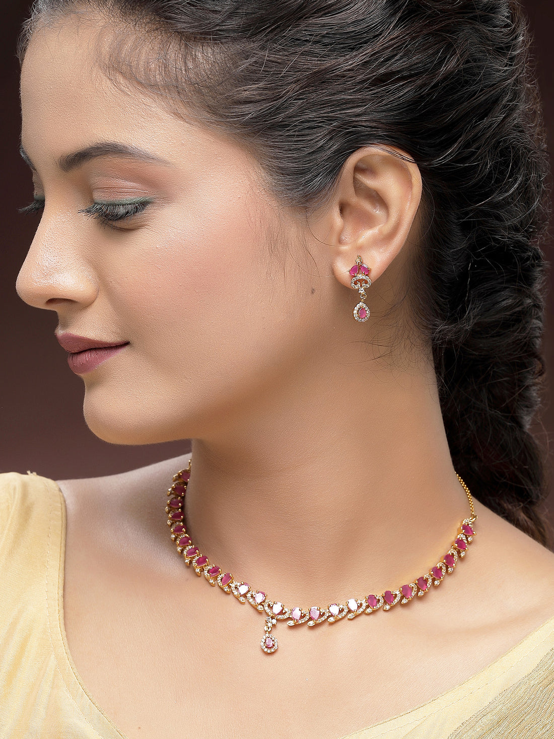 KARATCART Elegant Gold-Plated Red Drop American Diamond Jewellery Set for Women